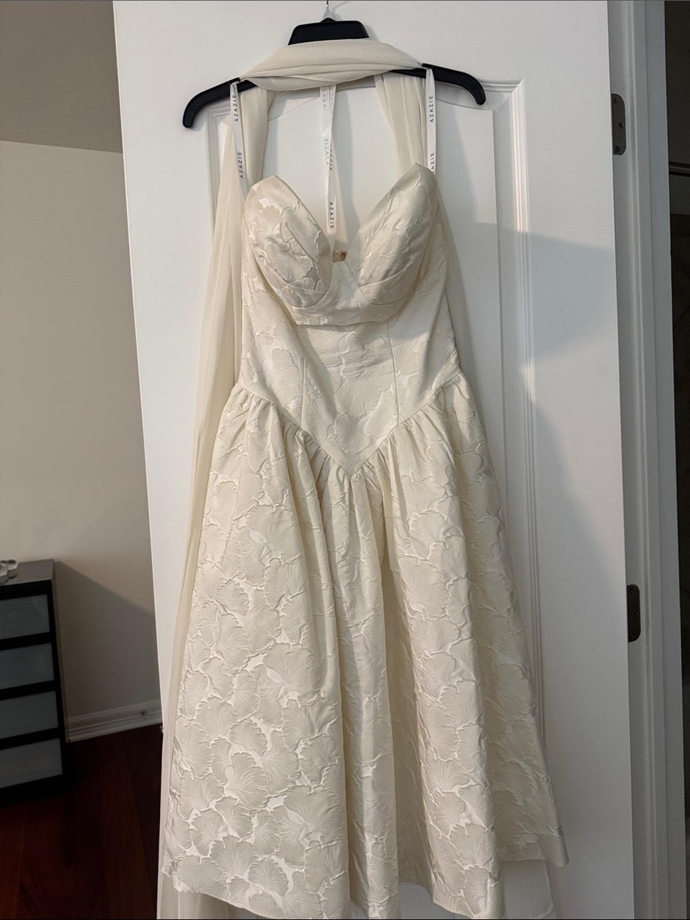 Azazie Ivory Midi Dress with Floral Jacquard Texture